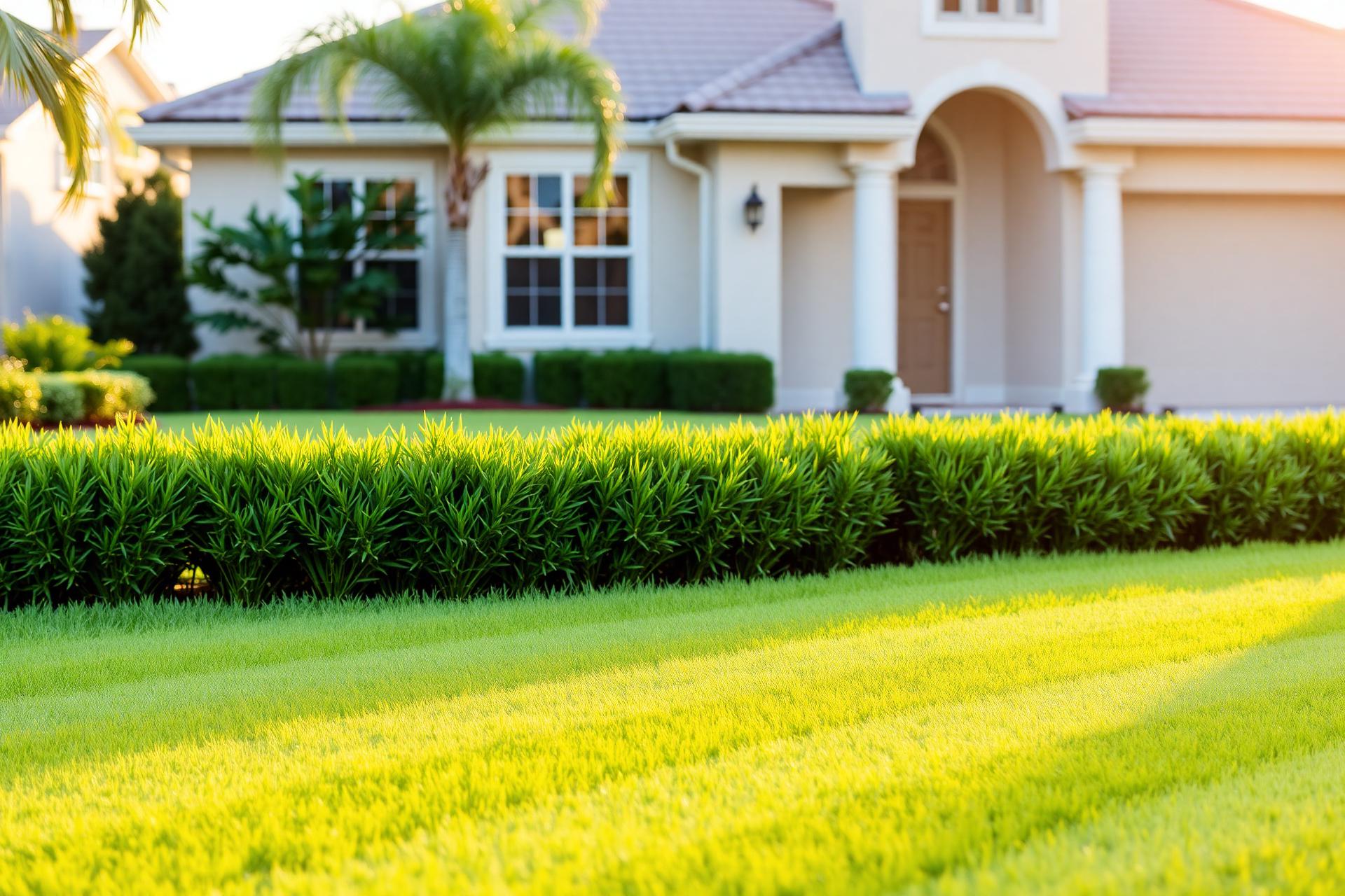 Freshly cut lawn with crisp mowing stripes in front of a Florida home