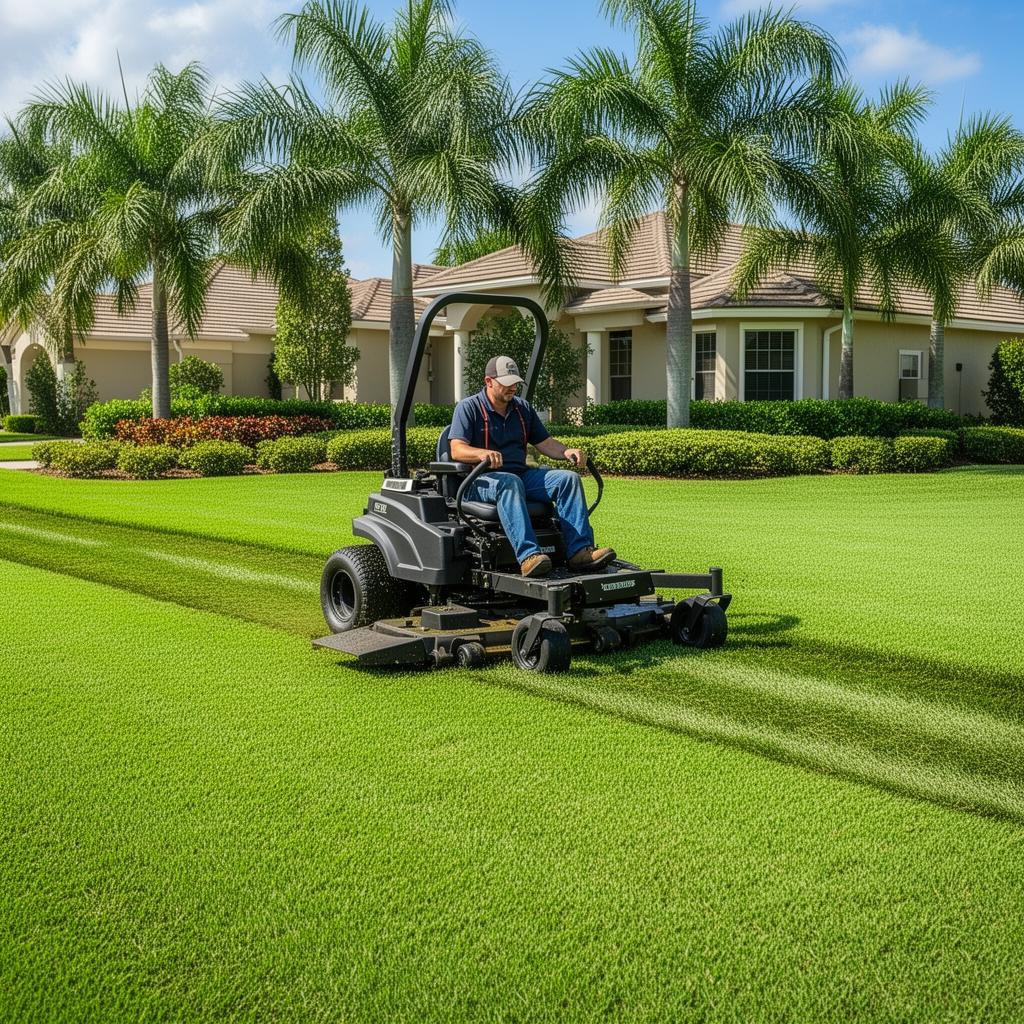 Professional landscaper mowing a lush green Florida residential lawn with a zero-turn mower
